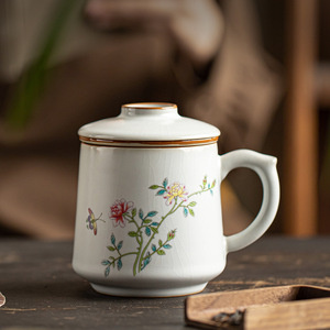 Taza de té de cerámica con tapa y filtro, diseño floral retro, para uso en oficina, juego de 3 piezas - Product Image 4
