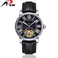 Montre mécanique en cuir pour homme, squelette, avec boucle en acier inoxydable, verre minéral, perle, mode unisexe, personnalisable