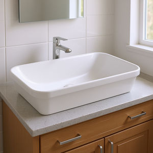 Lavabo de Baño de Cerámica Ovalado con Borde Autoadhesivo, Sobre Encimera, Diseño Contemporáneo Pulido - Product Image 2