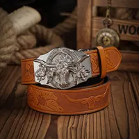 Western Cowboy PU Cinturón de cuero-Moda Casual Remaches Metal Western Beaded PU Cinturón Aleación Bull Head Hebilla Cinturones para hombres