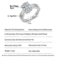 Bague ouverte NOVA S925 en argent avec moissanite ovale de 3 carats, sertie pavé, plaquée or et rhodium, pour homme/femme, luxe