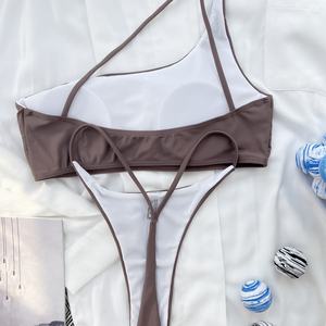 ชุดว่ายน้ำวันพีซแบบผูกหลัง ไหล่เดียว คุณภาพสูง ลายโลโก้ตามสั่ง ทรงเซ็กซี่  บิกินี่แบบผูกเชือก  ชุดว่ายน้ำเว้าสูง  ชุดว่ายน้ำสีพื้น - Product Image 3