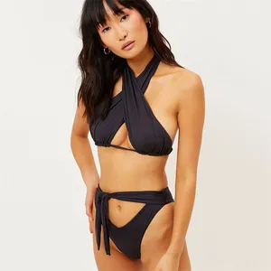 Hot Sale in Europe Women Solid Color Sexy <strong>Bathing</strong> Swimsuit <strong>Suit</strong> Lady High Waist <strong>Strap</strong> Active Two-piece Bikini Sets - Product Image 1