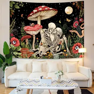 キノコタペストリースケルトン花植物花タペストリー寝室美的自然月壁タペストリー寮のリビングルーム