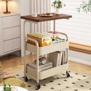 Rolling Cart with Wooden Tabletop 3 Tier Metal Utility Cart Rolling Storage Organizer Cart with Lockable Wheels for Kitchen - Product Image 1