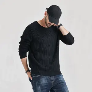 OEM crew neck pullover men's knitted cashmere wool sweaters 100% cotton blank loose casual cardigan