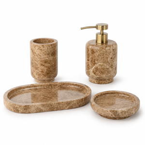 Juego de Accesorios de Baño de 4 Piezas de Mármol Emperador Light, Dispensador de Jabón de Piedra Natural Marrón Claro, Decoración Elegante para Baño - Product Image 1