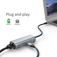 Venta al por mayor de aluminio Mini Hub Adaptador 2 puertos para Ethernet PD carga compatible tipo C enchufe RJ45 USB C Puerto USB Hub