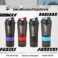 Shaker à protéines en plastique écologique de 550 ml avec paille rabattable, compatible lave-vaisselle, pour les voyages