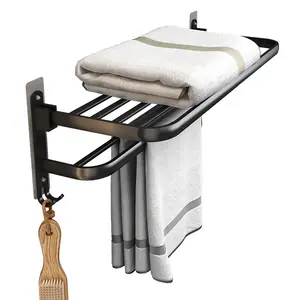 Hot Selling Matte Black Folding Towel Rack Household Wall Mount Aluminum Towel Holder No Drilling Bath Towel Storage Shelf