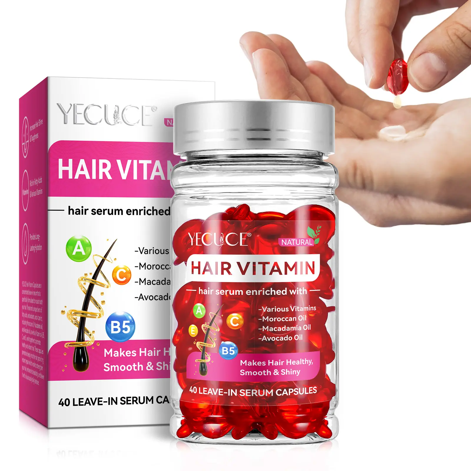 Vente en gros de sérum de traitement contre la perte de cheveux abîmés et crépus vitamines C E capsules d'huile pour cheveux lisses et soyeux