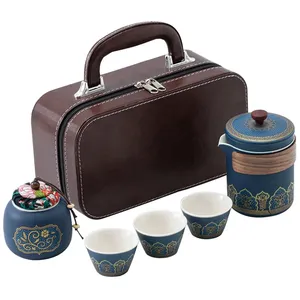 Kuai Ke fincan seyahat çay seti taşıma çantası Kung Fu çay bardağı cam 1 Pot 3 seramik açık taşınabilir çaydanlık seti