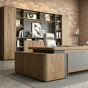 <span class=keywords><strong>Scrivania</strong></span> Direzionale Moderna con Mobile Laterale e Libreria, Arredamento Ufficio di Lusso in Legno per CEO e Manager - Product Image 5