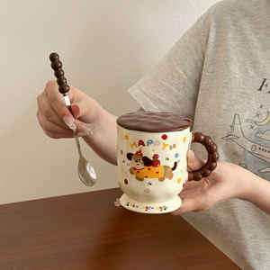 <b>Cute</b> Dachshund Ceramic <b>Mug</b> With Lid And Spoon Single Cup Cartoon Design For Coffee Tea Milk Breakfast Gift Home Use - Product Image 4