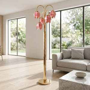 Lampe sur pied en verre rose de style moderne du milieu du siècle avec accents dorés pour une maison rétro - Product Image 1