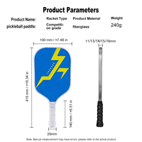 Raquette de pickleball ultra-légère, design Lightning, fibre de verre, noyau en nid d'abeille PP de 16 mm avec surface de friction et bord aérodynamique