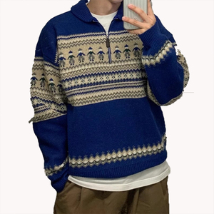 Suéter de Media Cremallera para Hombre, Otoño Invierno, Estilo Retro, Tejido Holgado, Cuello Solapa, Jersey Versátil, Prenda Superior Masculina, Ropa de Punto Versátil para Hombre - Product Image 3