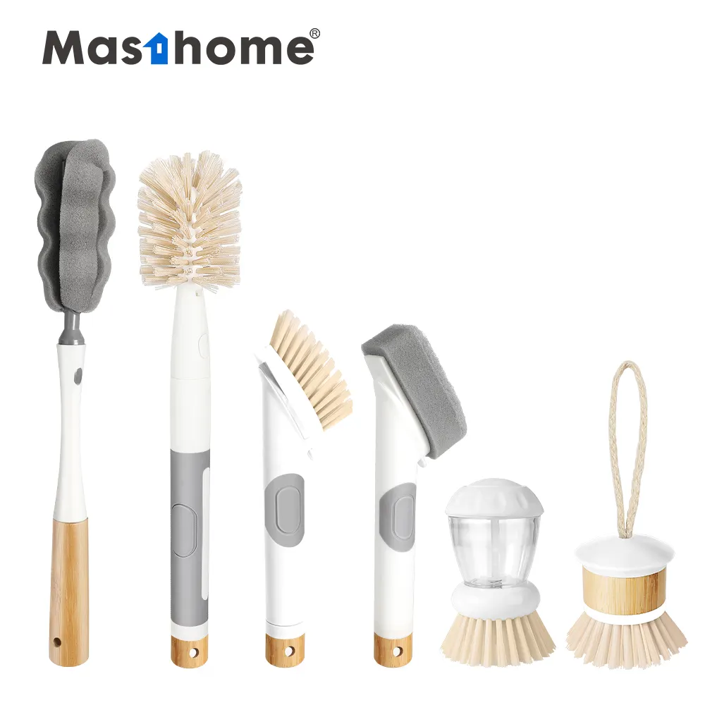 Masthome newly 6 pcs bamboo tpr storage handle detergent soap dispensing brush head replaceable cleaning brush set