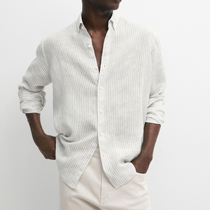 Camicie in <span class=keywords><strong>Lino</strong></span> e Cotone all'Ingrosso, Camicie Casual Personalizzate da <span class=keywords><strong>Uomo</strong></span>, Camicia a Righe Bianche e Grigie a Maniche Lunghe con Bottoni - Product Image 6