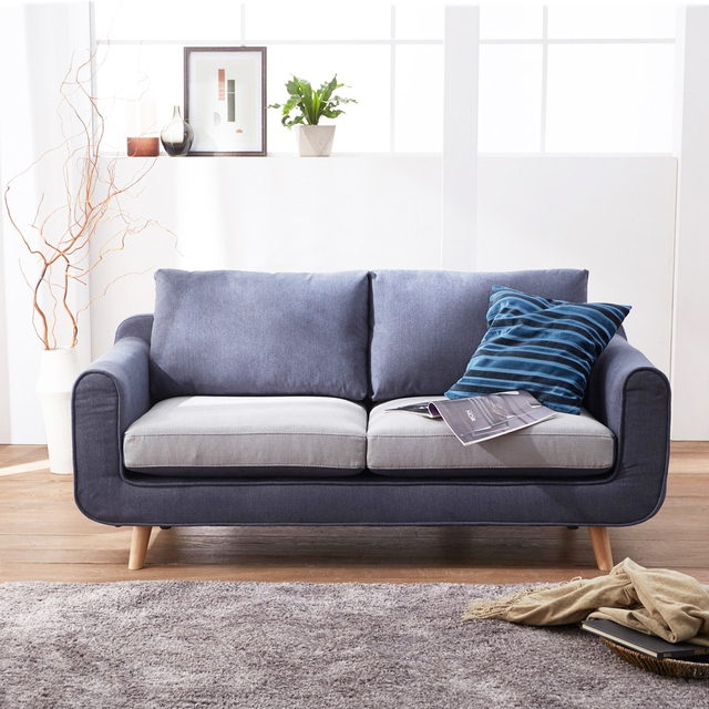 Factory Direct Mix & Match Two-Tone Fabric Couch 2 Seater Sofa Interchangeable Cushion Loveseat with Solid Wood Legs