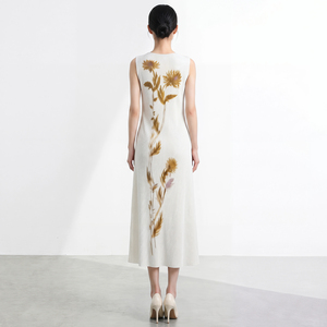 Casual Floral Embroidery Elegant Knitted Midi <b>Dress</b> Sleeveless O-Neck Fit Straight And Flare Breathable Spring Autumn <b>Dress</b> - Product Image 5