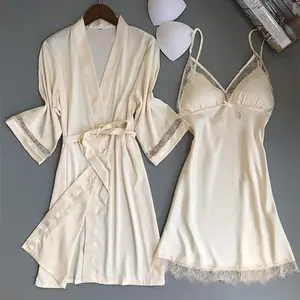 Mujeres Sexy rayón Kimono albornoz blanco novia dama de honor boda traje conjunto de ropa Casual ropa de casa ropa