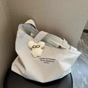 New Casual Striped <b>Tote</b> Bag Lazy Minimalist Large Capacity Canvas Shoulder Bag for Work Daily Use All-Match Design - Product Image 1