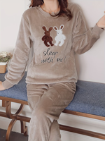 Pyjama d'hiver thermique en flanelle pour femme, 100 % polyester, 220 g, uni, ODM, avec cordon de serrage, col lisse, tricot doux, taille mi-haute, long