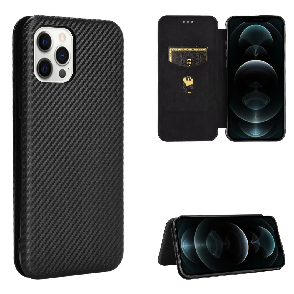 New Design Carbon Fiber Pattern Flip Book PU Leather Wallet Phone Case For iPhone 12 pro max
