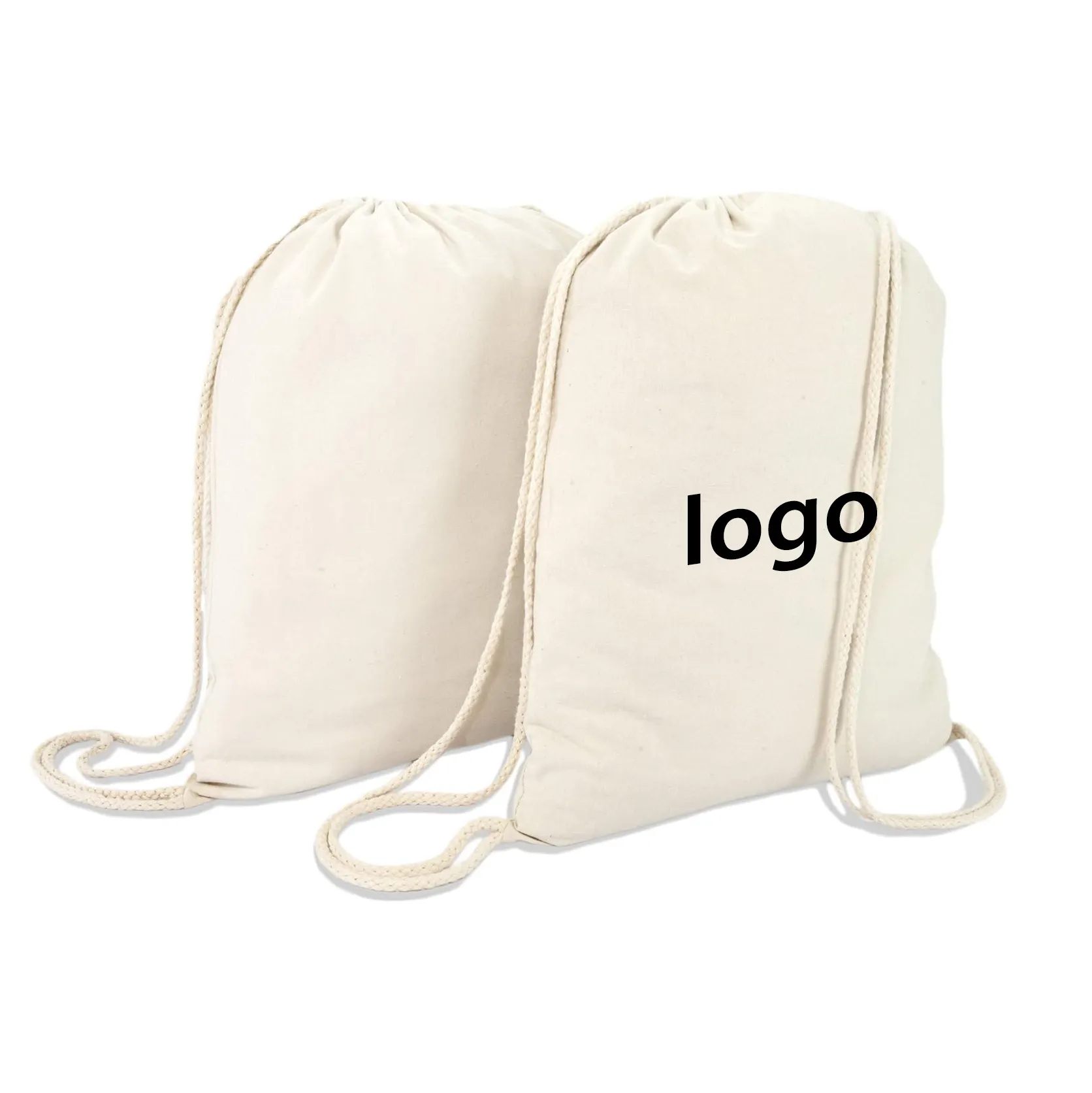 Logotipo personalizado Salida Lavandería Almuerzo Escuela Camping Mochila de lona reutilizable Beige Impreso Bolsas con cordón