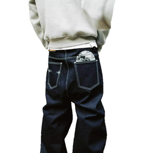 Jeans japonais sur mesure pour hommes <span class=keywords><strong>avec</strong></span> cristaux ou motif <span class=keywords><strong>croix</strong></span> bleue sur pantalon en denim brut - Product Image 2