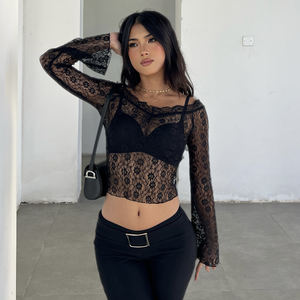 Wholesale Sophisticated Solid Eco-Friendly <b>Sheer</b> Lace Camisole-Off-Shoulder <b>Long</b> <b>Sleeve</b> Short Layering <b>Top</b> Sexy Basic Undershirt - Product Image 6