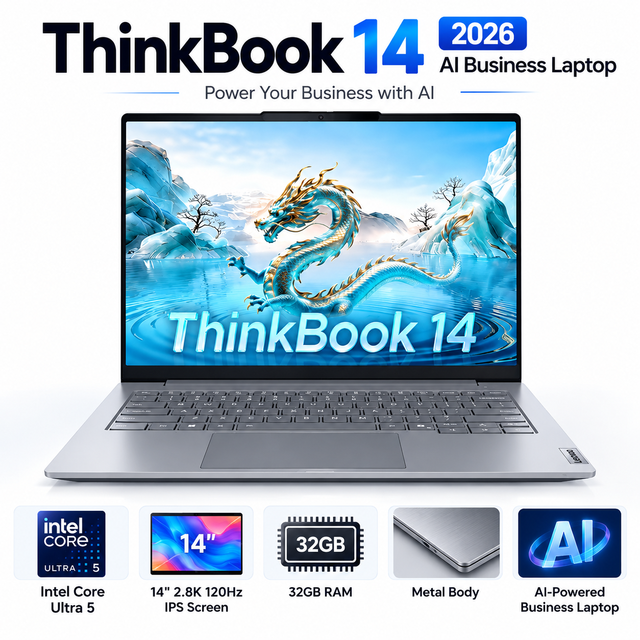 New Wholesale ThinkBook 14 2026 AI Business Laptop 14" 2.8K 120Hz IPS Screen Intel Core Ultra 5 32GB RAM Metal