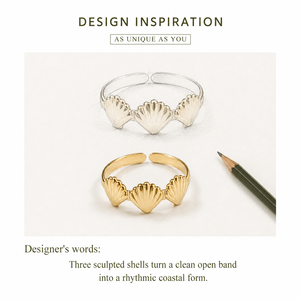 Shell Motif Stainless Steel Adjustable <b>Ring</b> 14K Gold Vacuum Plated Open Band Gold and Silver Colors - Product Image 4