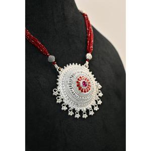 Vintage Ethnic <b>Silver</b> Plaster <b>Locket</b> Necklace Red Chain Flower Women's Engagement Anniversary Wedding Party Gift Statement - Product Image 3