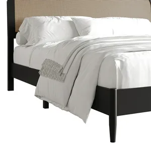 Combohome Quinta двуспальная мебель из массива черного дуба и изогнутая угловая Изголовье с тканой панелью из ротанга - Product Image 6