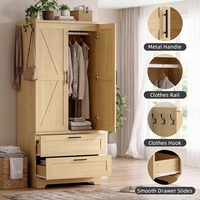 Armoire avec tiroirs, éclairage à détecteur de mouvement et crochets latéraux, armoire à vêtements en bois pour chambre à coucher