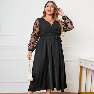 3XL 4XL Plus Size Women Clothing Black Sexy Deep V Lace Long Sleeves Maxi Dress Ladies Elegant Casual Large Size Dresses