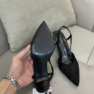 Escarpins à bout pointu pour femmes, talons aiguilles sexy en maille ornée de strass, sandales scintillantes perlées pour soirées et robes de soirée, noirs - Product Image 3