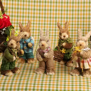 Handmade Straw Bunny Figurine, Easter Rabbits Tabletop Statues, Cute Rabbit Photo Props Gifts for Office Farmhouse Spring Decor