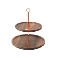 Plateau de service à 2 niveaux en bois d'acacia pour cupcakes et desserts avec poignée or rose - Présentoir alimentaire pour mariages, fêtes et maison