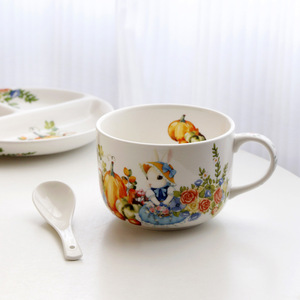 法国南瓜兔陶瓷旅行杯带盖大容量甜点早餐麦片杯礼品杯热升华印花 - Product Image 1