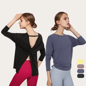 Bowknot Back Design Ladies Long Sleeve Shirts Crewneck Sweatshirt Women Yoga Shirt