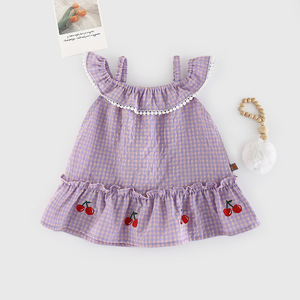Baby Girl Plaid Dress Summer Princess Off Shoulder Skirt Newborn Korean Clothes Children's Wear Cherry <b>Slip</b> Dress Sweet Dress - Product Image 5