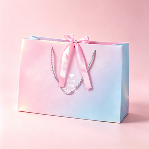 Luxury Custom Pink Blue Gradient Paper <b>Gift</b> Bag with Ribbon <b>Bow</b> for Wedding Birthday Party Wholesale Factory Price - Product Image 1