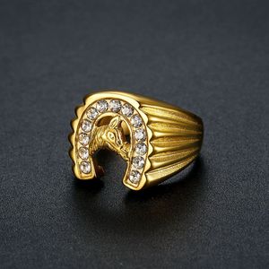 Men's Gold Plated Horse Head Ring With <b>Crystal</b> Inlay Pave Setting <b>Animal</b> Shape Jewelry Gift - Product Image 2