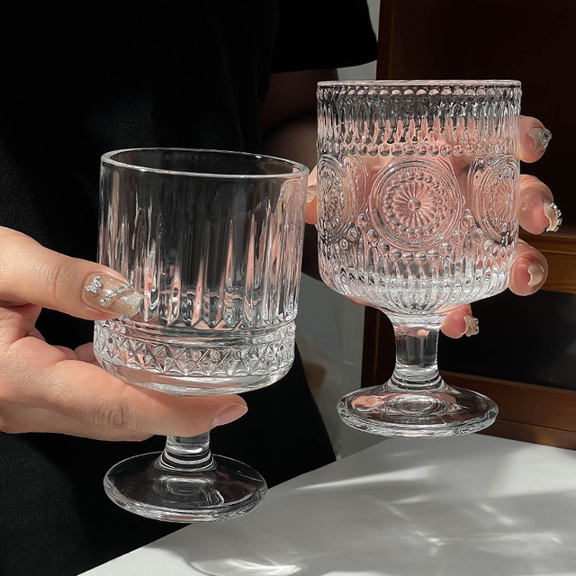 Wholesale 2025 Class Cup Retro Sunflower Embossed Highball Glass Transparent Goblet for Water Juice Household High-foot Glass