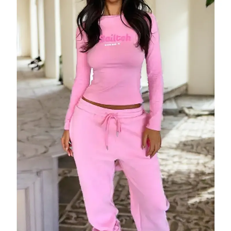 2024 damen kleidung kundenspezifische damen sets hohe qualität rosa 2 stück lange Ärmel geschnittenes oberteil und hosen set frauen loungewear sets