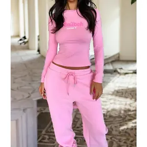 Conjunto de roupas femininas personalizadas de alta qualidade, 2 peças, blusa e calças de manga comprida, top cropped rosa, ideal para mulheres, 2024, 2024