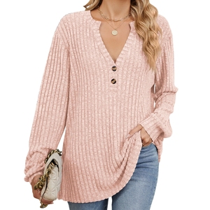 Camiseta de Manga Tres Cuartos para Mujer, Estilo Casual, Primavera/Verano, Color Sólido, con Rayas Laterales, Botones Decorativos y Corte Holgado - Product Image 5